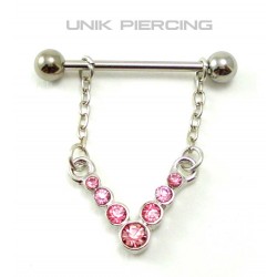 Piercing téton pendant 5 cristaux rose