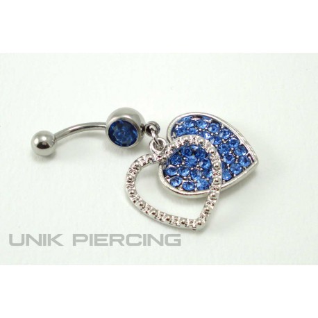 Piercing nombril double coeur cristal bleu